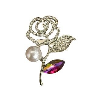 Elegant Silver Tone Multicolored Crystal Rose with Faux Pearl Brooch